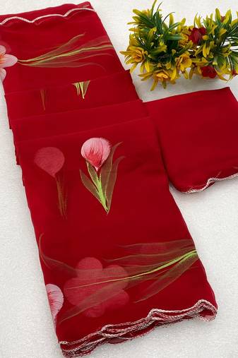Red brush paint georgette saree with blouse