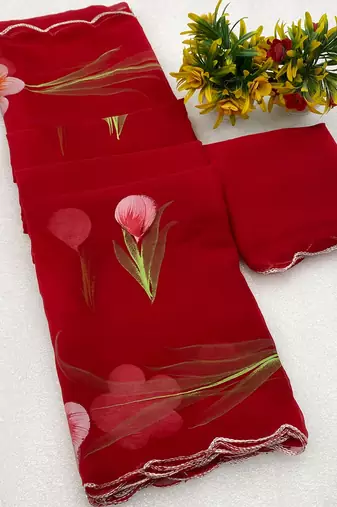 Red brush paint georgette saree with blouse