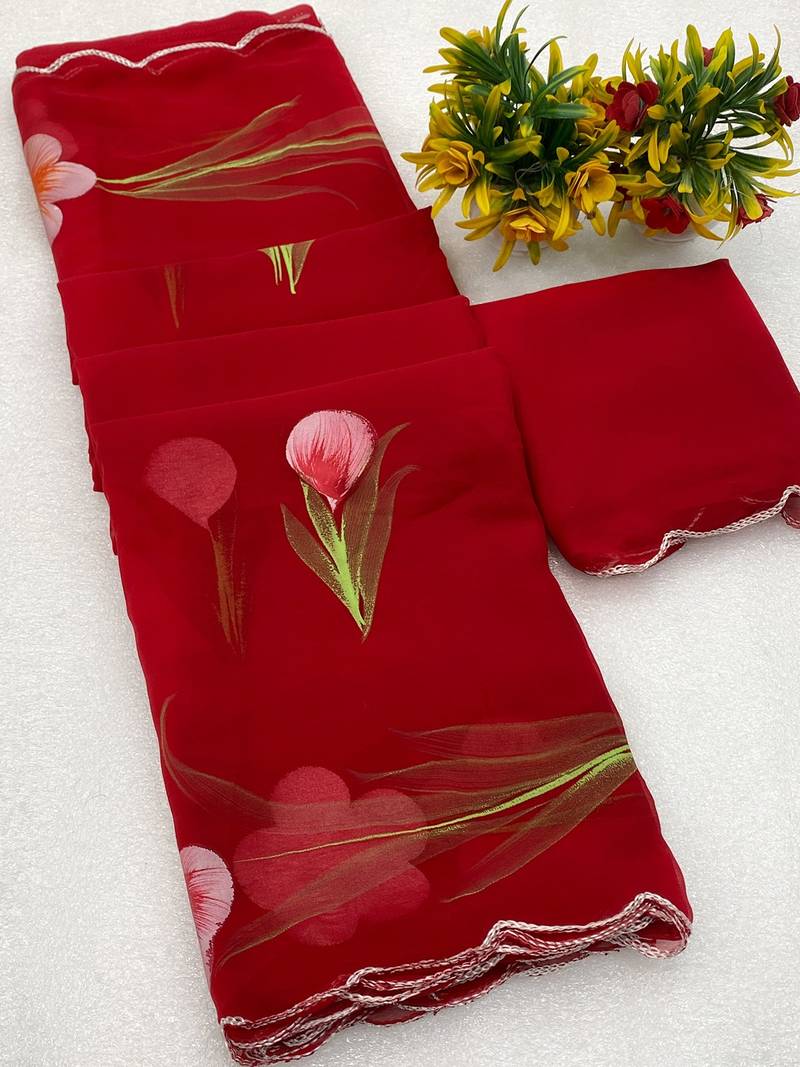 Red brush paint georgette saree with blouse