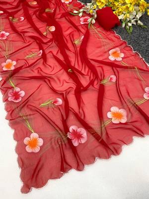 Red brush paint georgette saree with blouse 2
