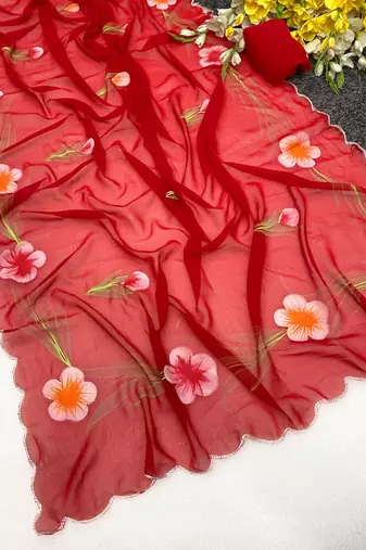 Red brush paint georgette saree with blouse
