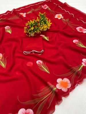Red brush paint georgette saree with blouse 3