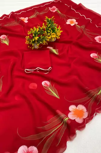 Red brush paint georgette saree with blouse