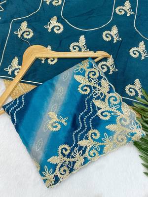 Blue gotta patti embroidery work chinon saree with blouse 1