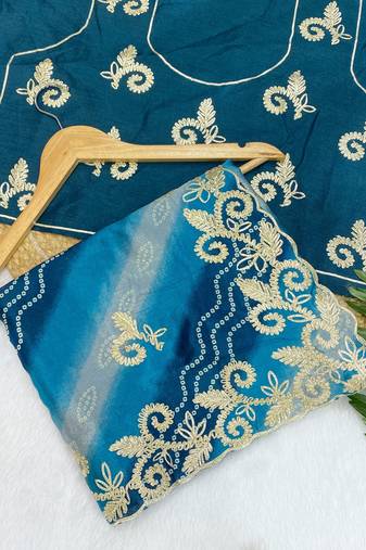 Blue gotta patti embroidery work chinon saree with blouse
