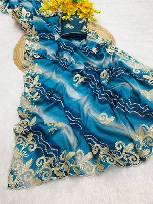 Blue gotta patti embroidery work chinon saree with blouse 2