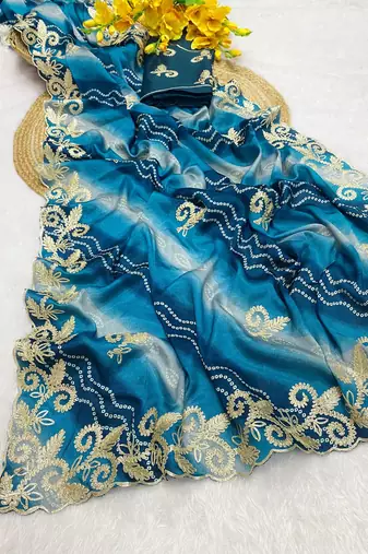 Blue gotta patti embroidery work chinon saree with blouse