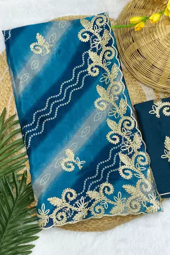 Blue gotta patti embroidery work chinon saree with blouse
