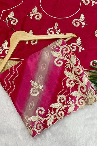 Pink gotta patti embroidery work chinon saree with blouse