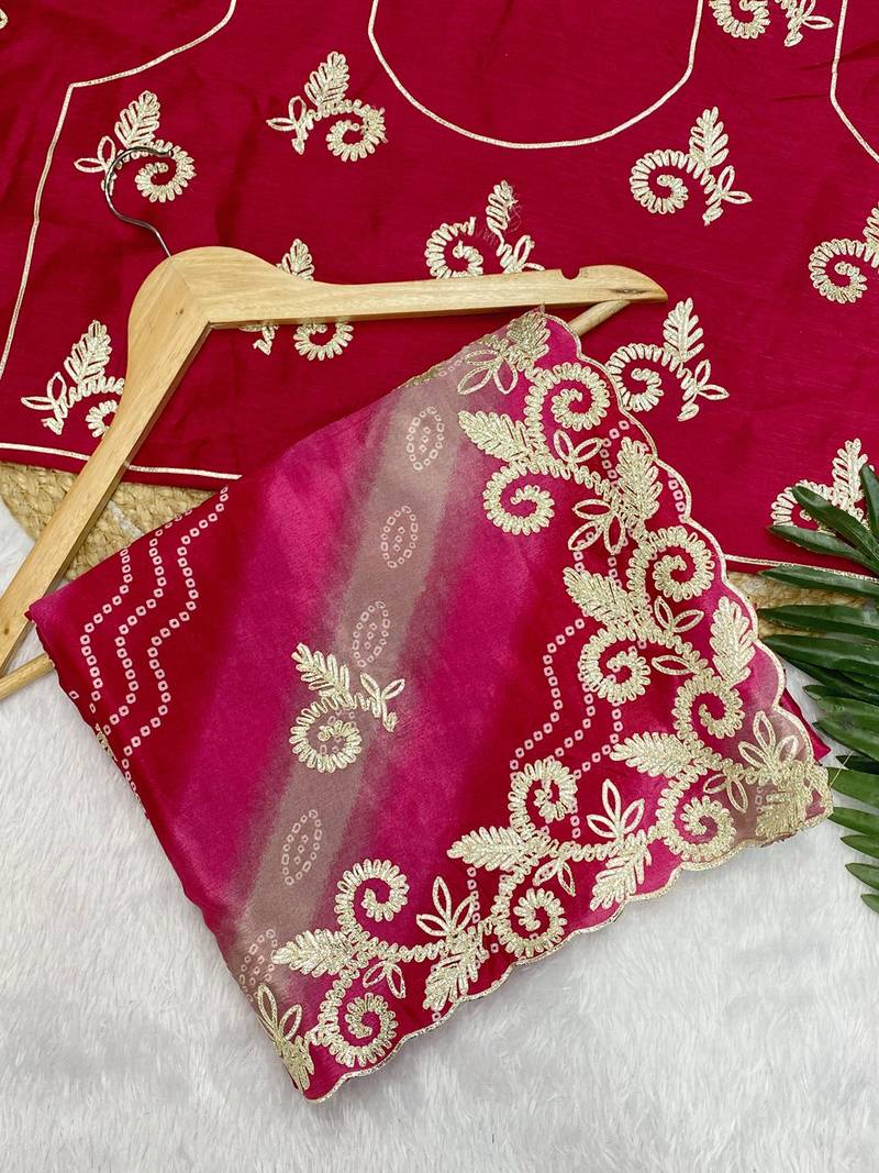 Pink gotta patti embroidery work chinon saree with blouse