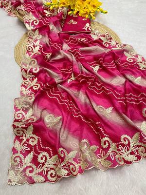 Pink gotta patti embroidery work chinon saree with blouse 2