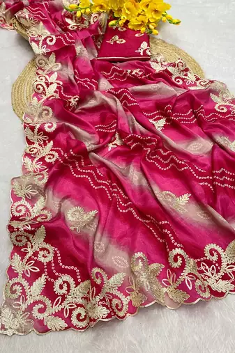 Pink gotta patti embroidery work chinon saree with blouse