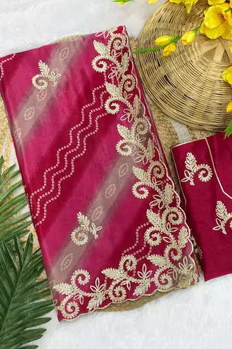 Pink gotta patti embroidery work chinon saree with blouse