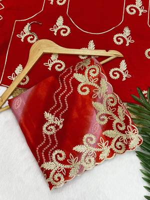 Red gotta patti embroidery work chinon saree with blouse 1
