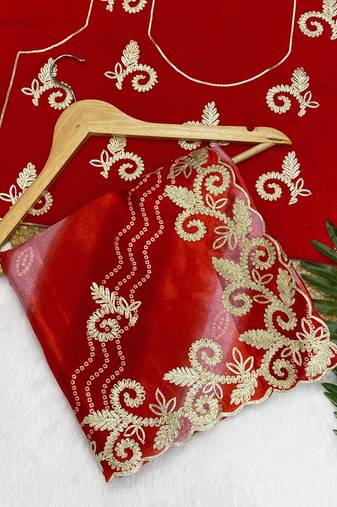 Red gotta patti embroidery work chinon saree with blouse