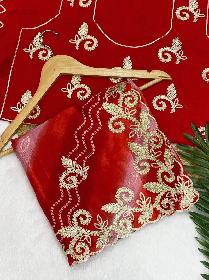Red gotta patti embroidery work chinon saree with blouse