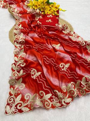Red gotta patti embroidery work chinon saree with blouse 2