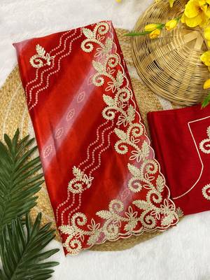 Red gotta patti embroidery work chinon saree with blouse 3