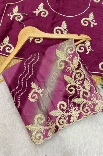 Wine gotta patti embroidery work chinon saree with blouse