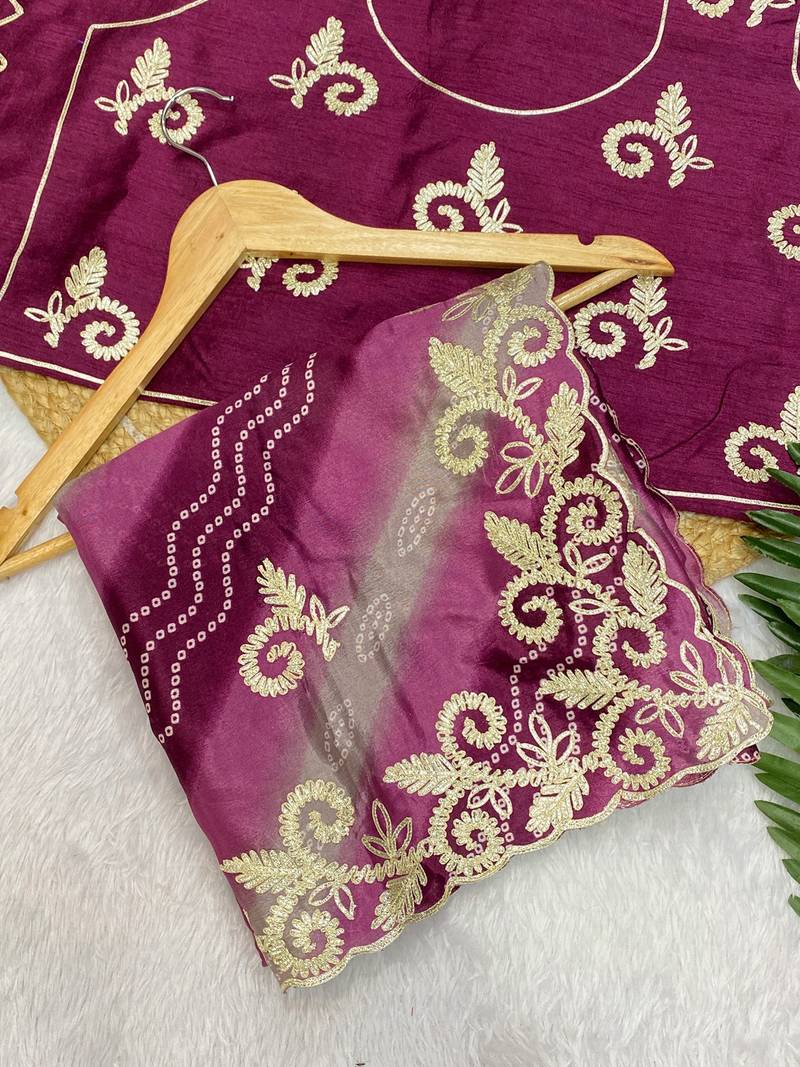 Wine gotta patti embroidery work chinon saree with blouse