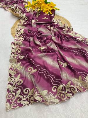 Wine gotta patti embroidery work chinon saree with blouse 2