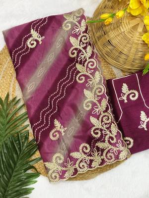 Wine gotta patti embroidery work chinon saree with blouse 3