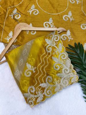 Yellow gotta patti embroidery work chinon saree with blouse 1