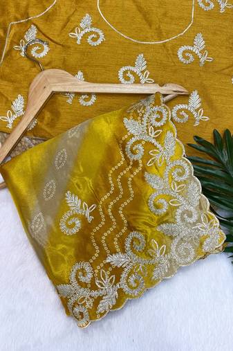 Yellow gotta patti embroidery work chinon saree with blouse