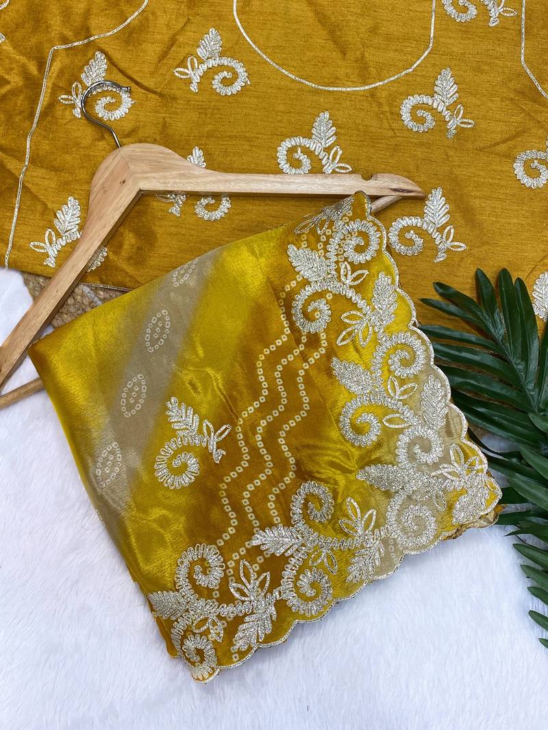 Yellow gotta patti embroidery work chinon saree with blouse
