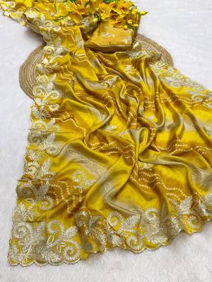 Yellow gotta patti embroidery work chinon saree with blouse 2
