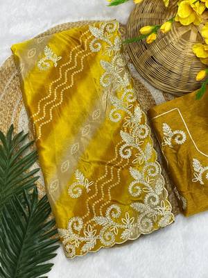 Yellow gotta patti embroidery work chinon saree with blouse 3