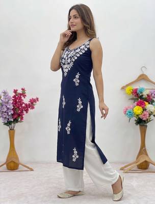 Blue embroidered sleeveless kurti with white palazzo set for women 2