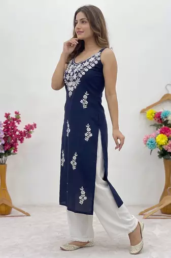Blue embroidered sleeveless kurti with white palazzo set for women