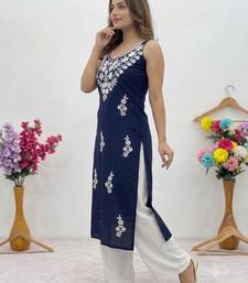 Blue embroidered sleeveless kurti with white palazzo set for women