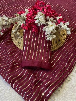 Maroon multicolor sequece embroidery work satin chiffon saree with blouse 1