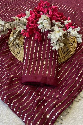Maroon multicolor sequece embroidery work satin chiffon saree with blouse