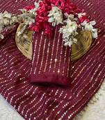 Maroon multicolor sequece embroidery work satin chiffon saree with blouse