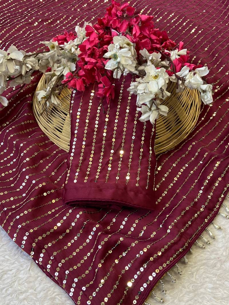 Maroon multicolor sequece embroidery work satin chiffon saree with blouse