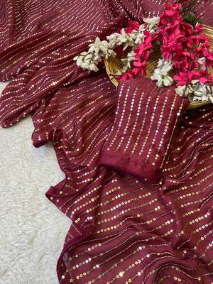 Maroon multicolor sequece embroidery work satin chiffon saree with blouse 3