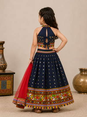Navy blue mirror work cotton halter neck kids lehenga choli with dupatta  2