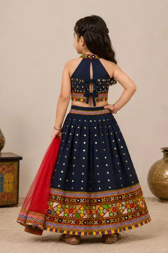 Navy blue mirror work cotton halter neck kids lehenga choli with dupatta 