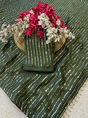 Mehndi multicolor sequece embroidery work satin chiffon saree with blouse 1