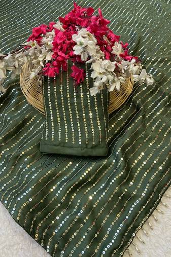 Mehndi multicolor sequece embroidery work satin chiffon saree with blouse
