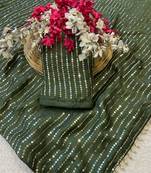 Mehndi multicolor sequece embroidery work satin chiffon saree with blouse