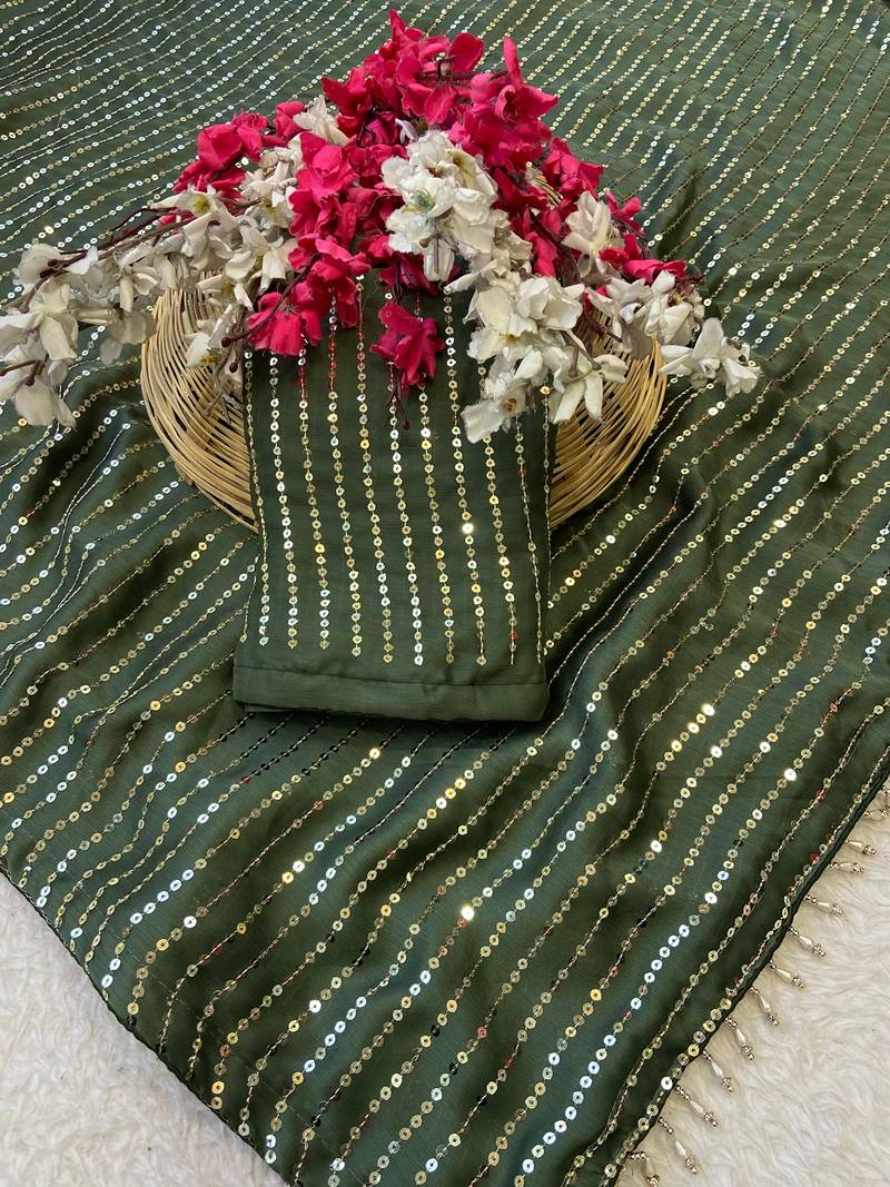 Mehndi multicolor sequece embroidery work satin chiffon saree with blouse