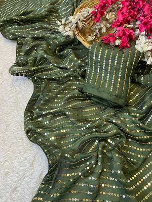 Mehndi multicolor sequece embroidery work satin chiffon saree with blouse 3