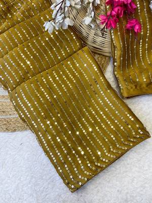 Mustard multicolor sequece embroidery work satin chiffon saree with blouse 1