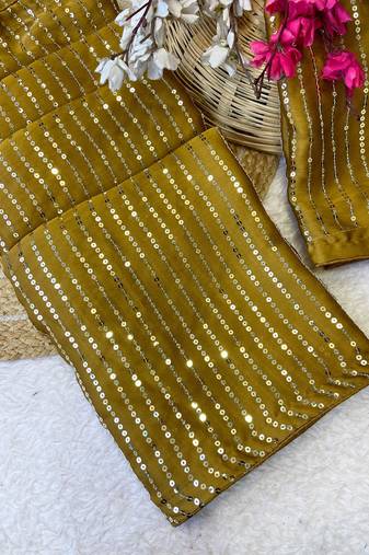 Mustard multicolor sequece embroidery work satin chiffon saree with blouse