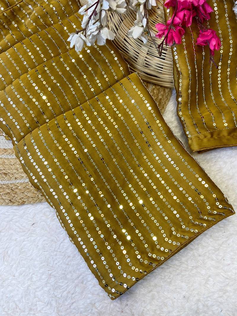 Mustard multicolor sequece embroidery work satin chiffon saree with blouse