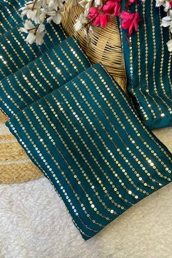 Petrol multicolor sequece embroidery work satin chiffon saree with blouse